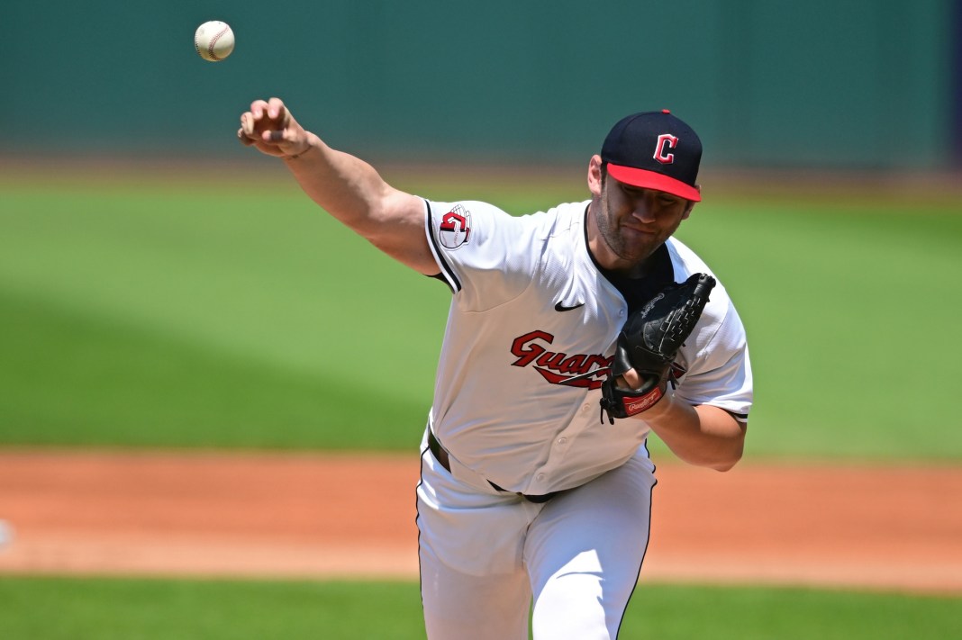 Cleveland Guardians starting pitcher Gavin Williams (32) throws a pitch during the first inning against the Baltimore Orioles