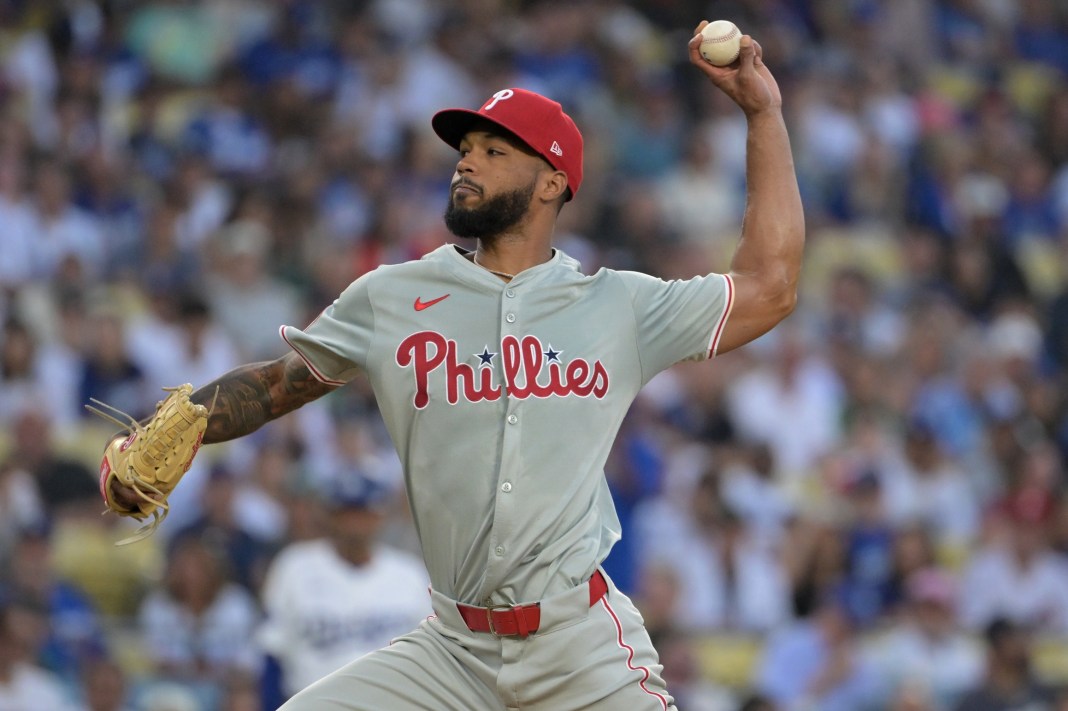 MLB: Philadelphia Phillies at Los Angeles Dodgers Philadelphia Phillies starting pitcher Cristopher Sanchez (61) delivers a pitch to the plate during the first inning against the Los Angeles Dodgers at Dodger Stadium on August 6, 2024.