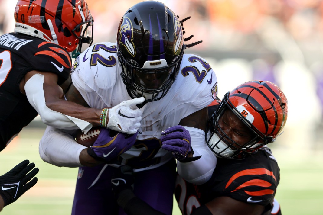 NFL: Baltimore Ravens at Cincinnati Bengals Baltimore Ravens running back Derrick Henry (22) runs the ball as Cincinnati Bengals defensive end Myles Murphy (99) makes the tackle during the second half at Paycor Stadium