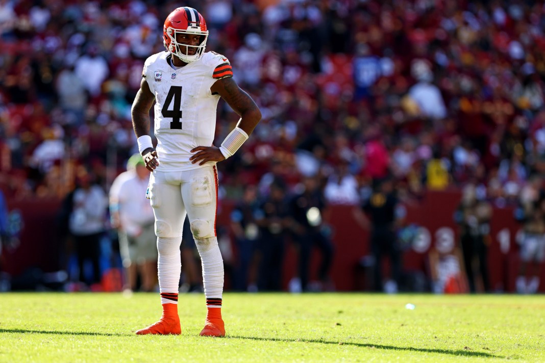 Cleveland Browns quarterback Deshaun Watson (4) waits for a play during the fourth quarter against the Washington Commanders at NorthWest Stadium on October 6, 2024.