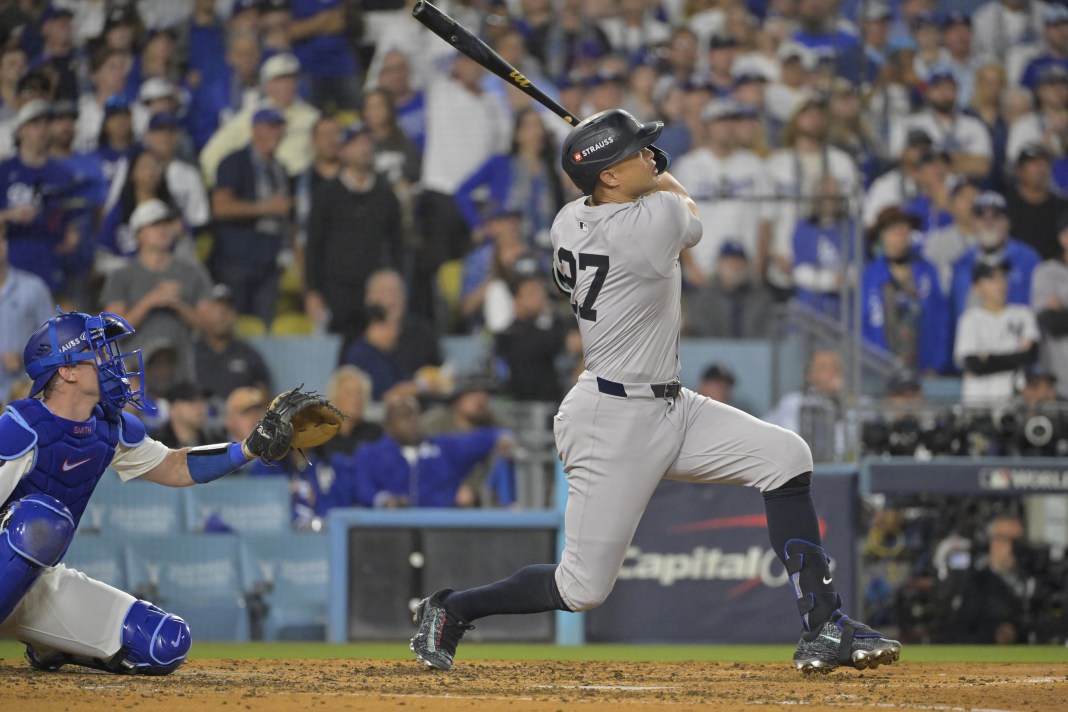 MLB: World Series-New York Yankees at Los Angeles Dodgers New York Yankees designated hitter Giancarlo Stanton (27) hits two-run home run in the sixth inning against the Los Angeles Dodgers