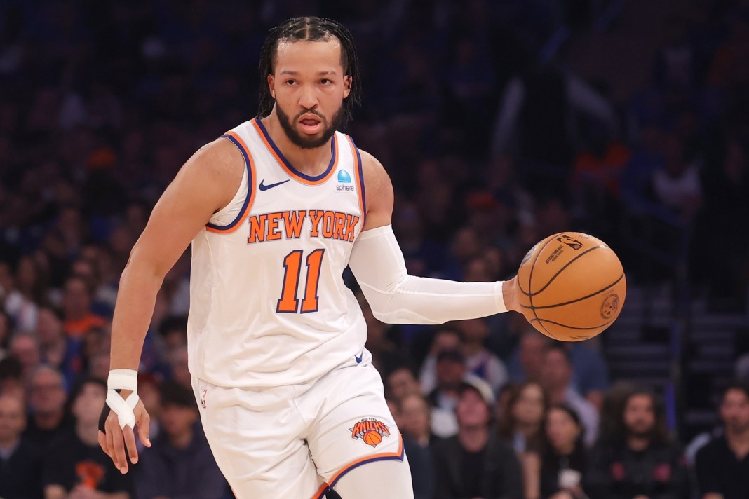 New York Knicks guard Jalen Brunson (11) handles the ball against the Indiana Pacers during the first quarter of game one of the second round of the 2024 NBA playoffs at Madison Square Garden