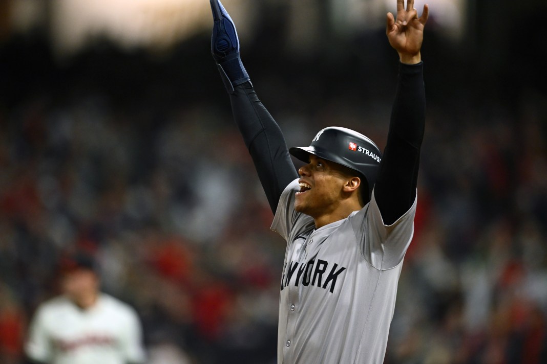 MLB: ALCS-New York Yankees at Cleveland Guardians New York Yankees outfielder Juan Soto (22) celebrates on third base after three run home run by designated hitter Giancarlo Stanton