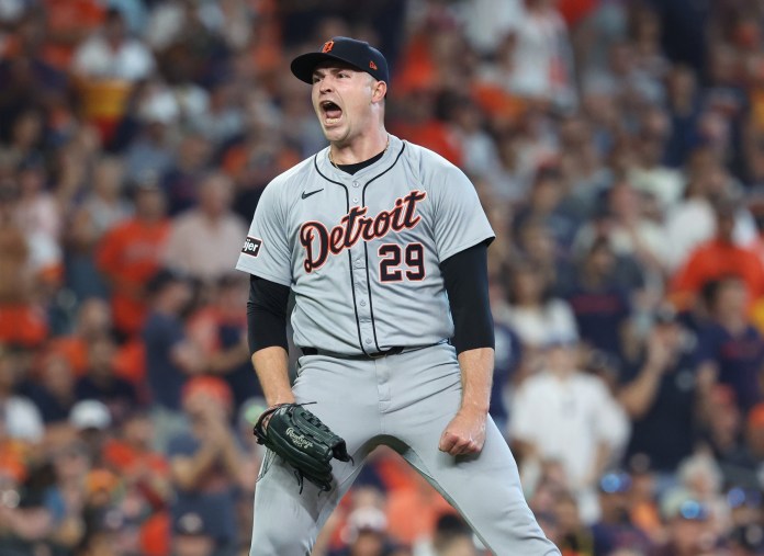 Detroit Tigers pitcher Tarik Skubal (29) reacts after striking out a batter during the sixth inning of Game 1 of the Wild Card round against the Houston Astros at Minute Maid Park on October 1, 2024.