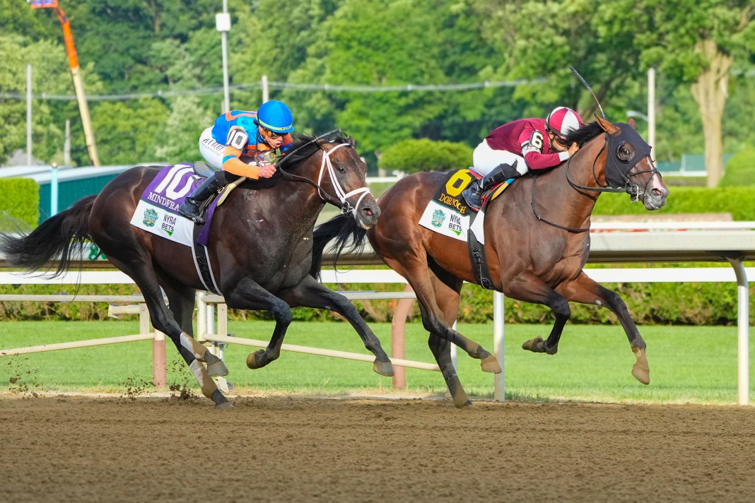 Dornoch, with Luis Saez aboard (6), leads down the final front stretch, followed by Mindframe with Irad Ortiz Jr. aboard (10), during the Belmont Stakes at Saratoga Race Course on June 8, 2024.