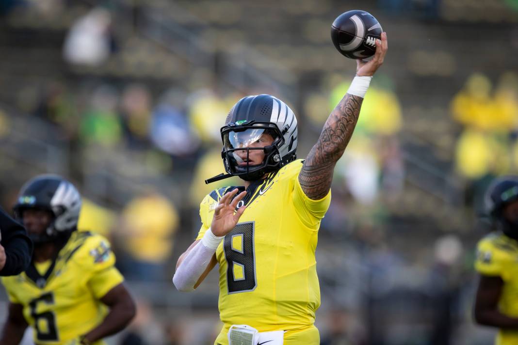 Oregon Ducks quarterback Dillon Gabriel throws a pass during warmups as the Ducks prepare to face the Spartans at Autzen Stadium in Eugene, Oregon, on October 4, 2024.