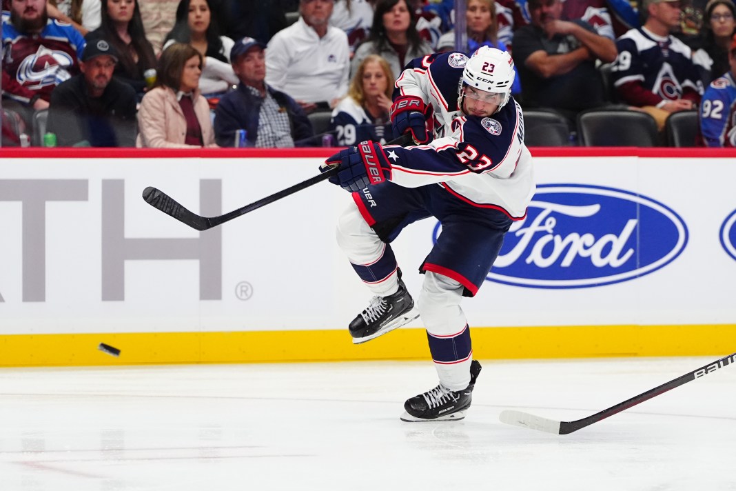 NHL: Columbus Blue Jackets at Colorado Avalanche Columbus Blue Jackets center Sean Monahan (23) shoots the puck against the Colorado Avalanche in the third period at Ball Arena
