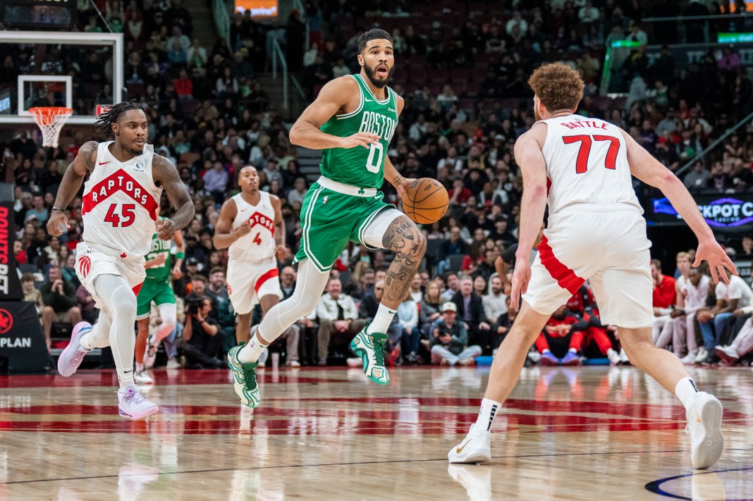 NBA: Preseason-Boston Celtics at Toronto Raptors Boston Celtics forward Jayson Tatum (0) dribbles the ball against the Toronto Raptors during the first half at Scotiabank Arena