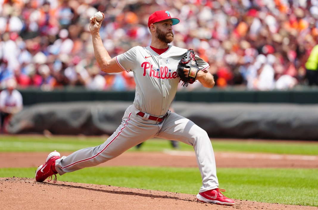 Philadelphia Phillies pitcher Zach Wheeler (45) delivers a pitch during the first inning against the Baltimore Orioles at Oriole Park at Camden Yards on June 16, 2024.