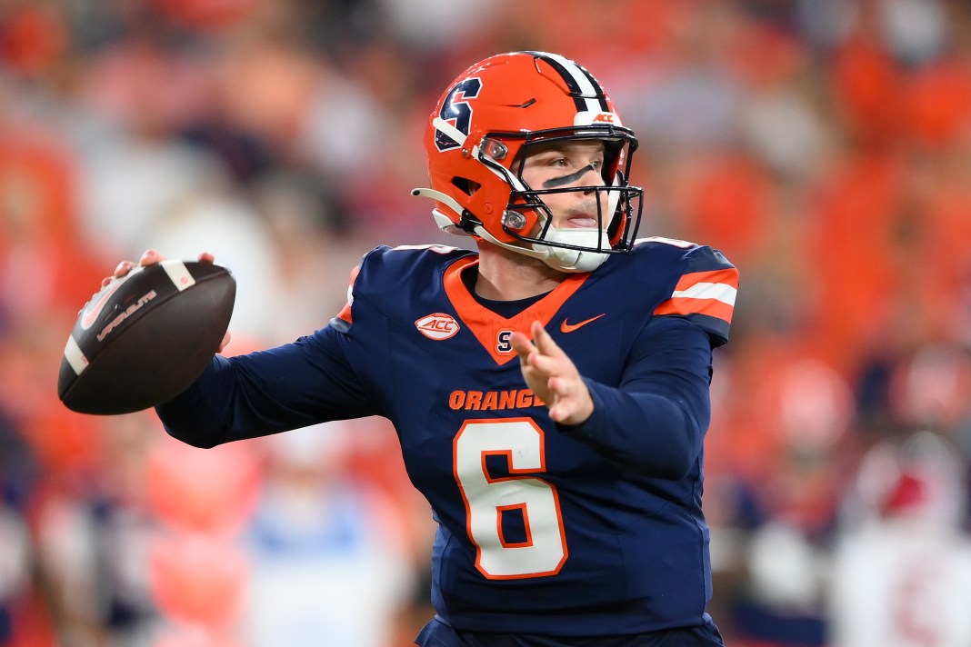Syracuse Orange quarterback Kyle McCord (6) throws a pass during the first half against the Stanford Cardinal at the JMA Wireless Dome on September 20, 2024.