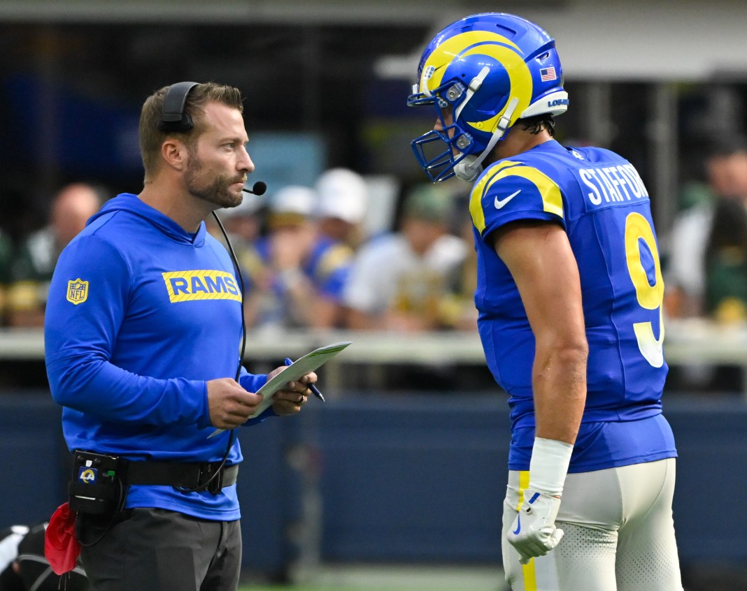 NFL: Green Bay Packers at Los Angeles Rams Los Angeles Rams head coach Sean McVay talks to quarterback Matthew Stafford (9) during the third quarter against the Green Bay Packers. nfl picks