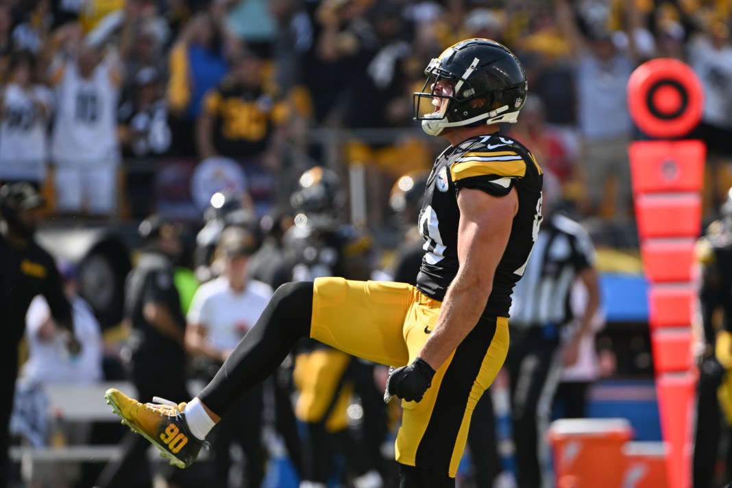 Pittsburgh Steelers linebacker T.J. Watt (90) celebrates after sacking the Los Angeles Chargers quarterback during the fourth quarter at Acrisure Stadium on September 22, 2024.