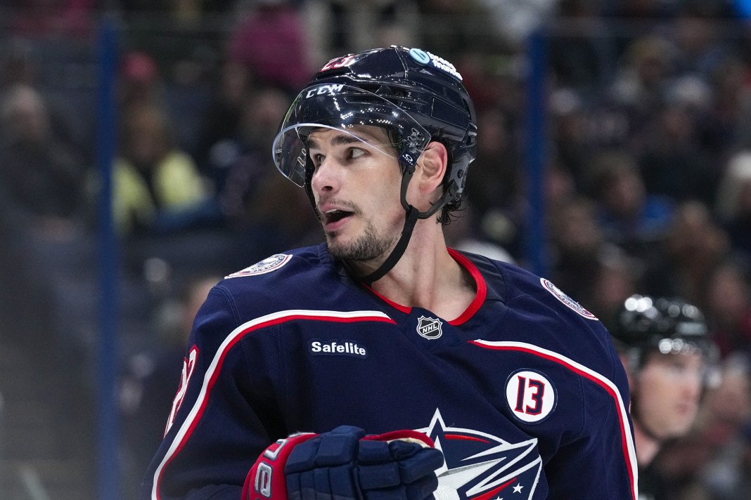 Columbus Blue Jackets center Sean Monahan looks at a teammate in the third period during the home opener at Nationwide Arena