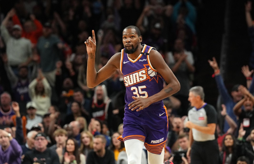 NBA: Miami Heat at Phoenix Suns Suns star Kevin Durant celebrates a bucket against the Heat in the 2024-25 NBA season.