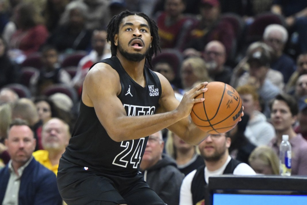 NBA: Brooklyn Nets at Cleveland Cavaliers Nets guard Cam Thomas takes a shot against the Cavaliers in the 2024-25 NBA season.