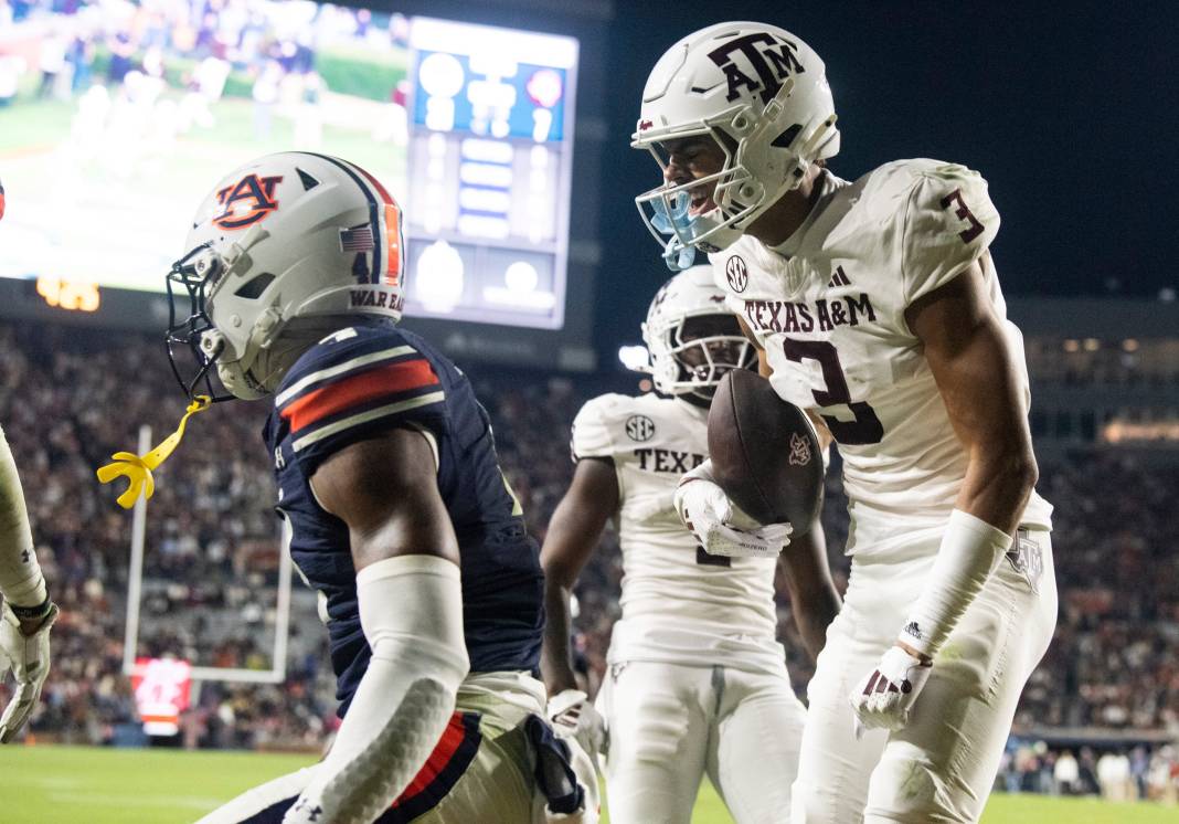Texas A&M Aggies wide receiver Noah Thomas celebrates his touchdown catch as Auburn Tigers take on Texas A&M Aggies
