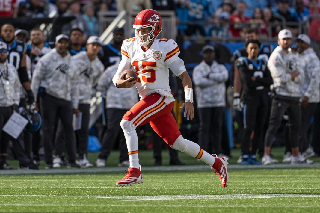 NFL: Kansas City Chiefs at Carolina Panthers Chiefs star Patrick Mahomes takes off against the Panthers in Week 12 of the 2024 NFL season.