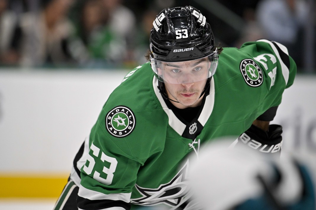 Dallas Stars center Wyatt Johnston in action during the game between the Dallas Stars and the San Jose Sharks at the American Airlines Center