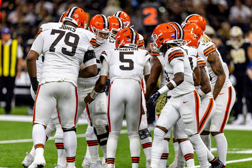 NFL: Cleveland Browns at New Orleans Saints Cleveland Browns players huddle during a game against the New Orleans Saints
