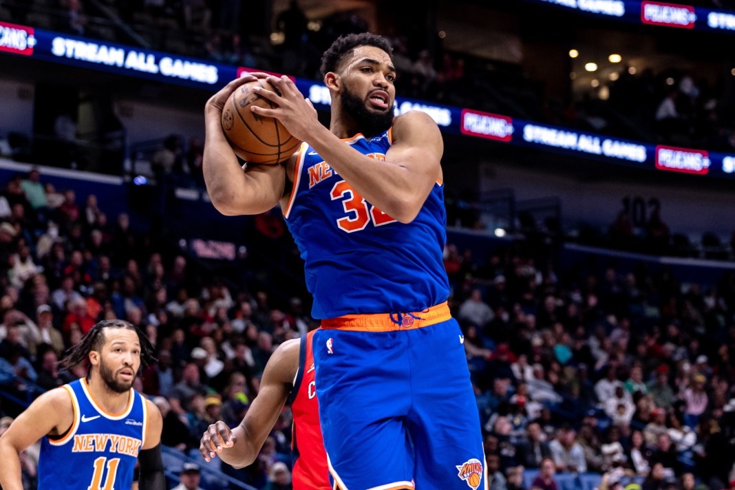 NBA: New York Knicks at New Orleans Pelicans New York Knicks center Karl-Anthony Towns rebounds the ball during the second half of the game against the New Orleans Pelicans at Smoothie King Center on December 21, 2024