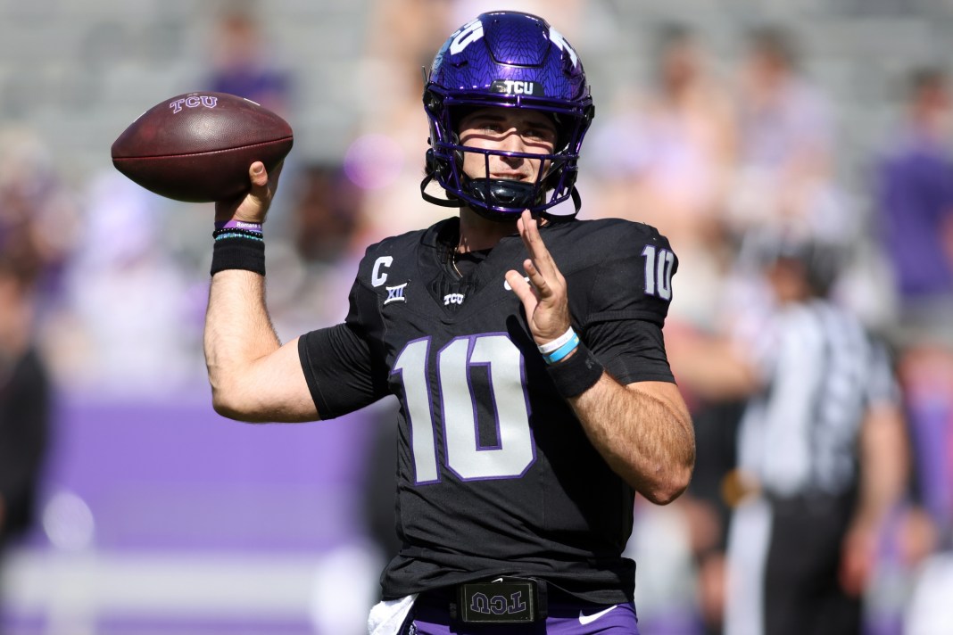 NCAA Football: Texas Tech at Texas Christian TCU quarterback Josh Hoover warms up against Texas Tech during the 2024 college football season.