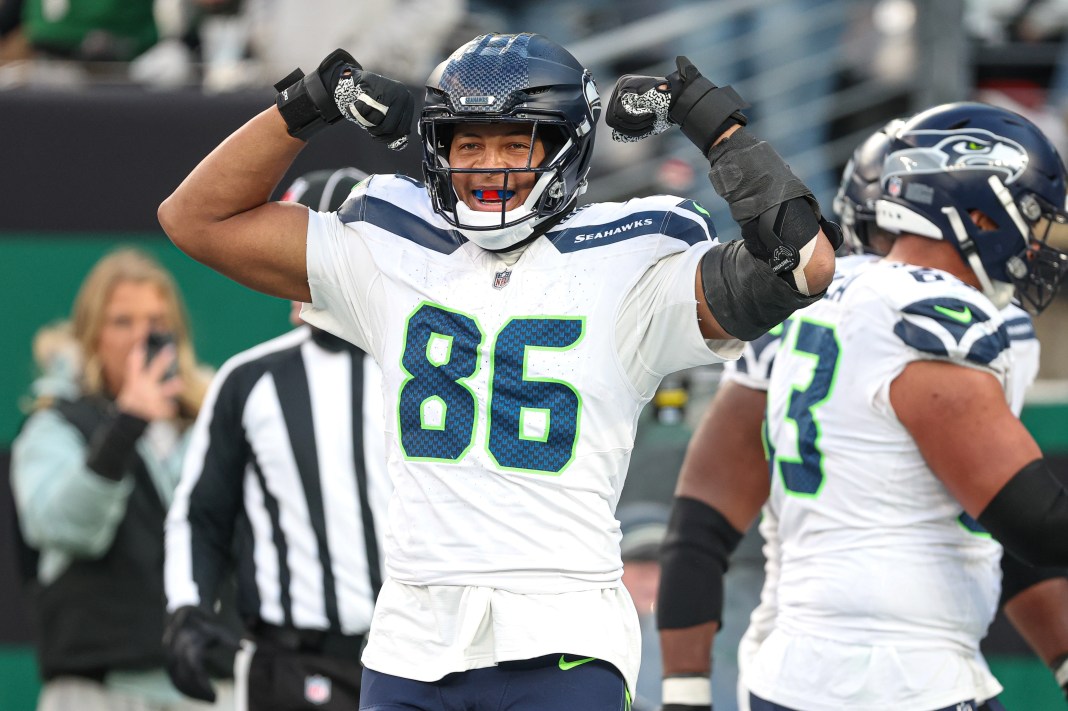 NFL: Seattle Seahawks at New York Jets Seattle Seahawks tight end Pharaoh Brown reacts during the second half against the New York Jets at MetLife Stadium