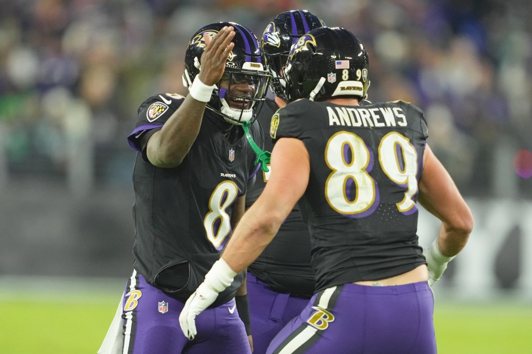 NFL: Philadelphia Eagles at Baltimore Ravens Ravens star Lamar Jackson celebrates a play with tight end Mark Andrews during the 2024 NFL season.