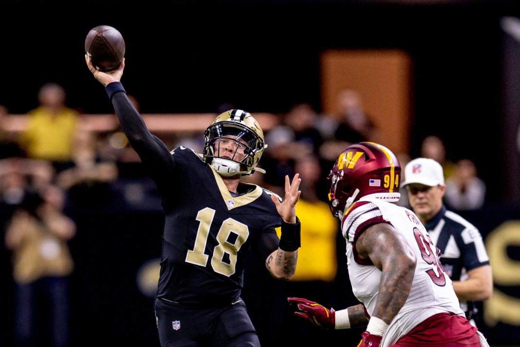 NFL: Washington Commanders at New Orleans Saints New Orleans Saints quarterback Spencer Rattler scrambles against Washington Commanders defensive tackle Daron Payn