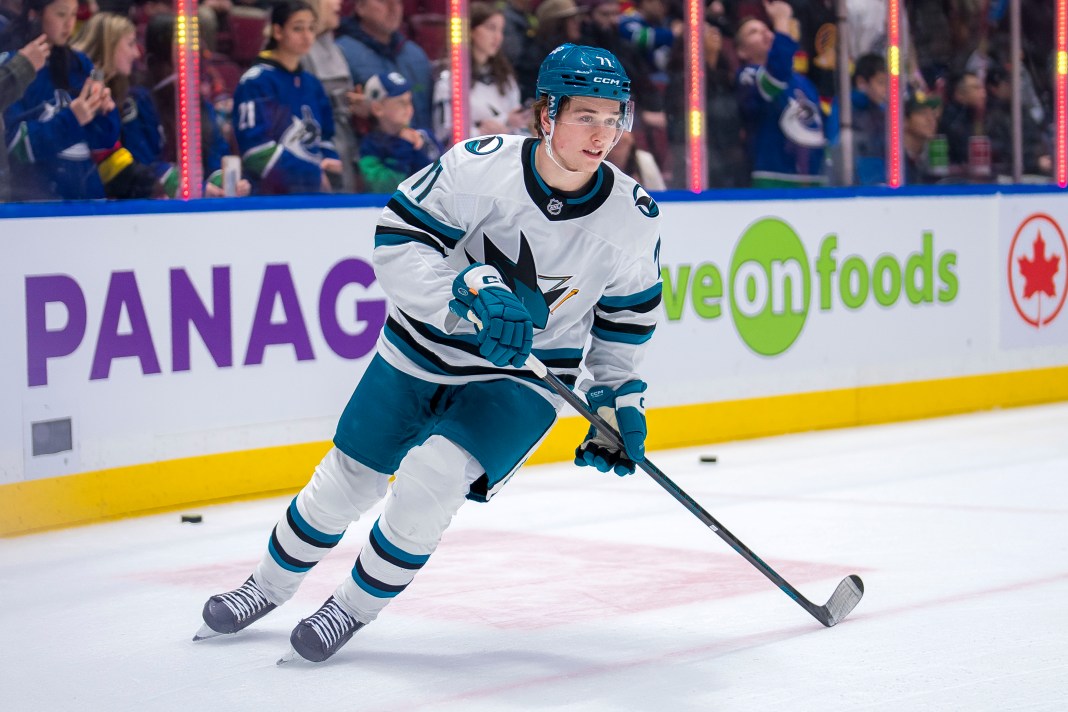 NHL: San Jose Sharks at Vancouver Canucks San Jose Sharks forward Macklin Celebrini (71) skates during warm-ups before the game against the Vancouver Canucks at Rogers Arena on December 23, 2024.