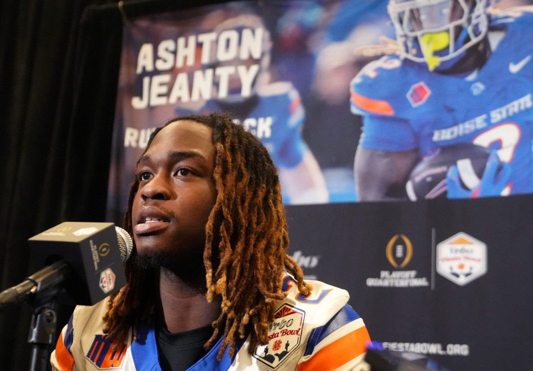 Syndication: Arizona Republic Boise State Broncos running back Ashton Jeanty speaks to the media at Arizona Ballroom at Camelback Inn on December 29, 2024, ahead of the Vrbo Fiesta Bowl against Penn State Nittany Lions