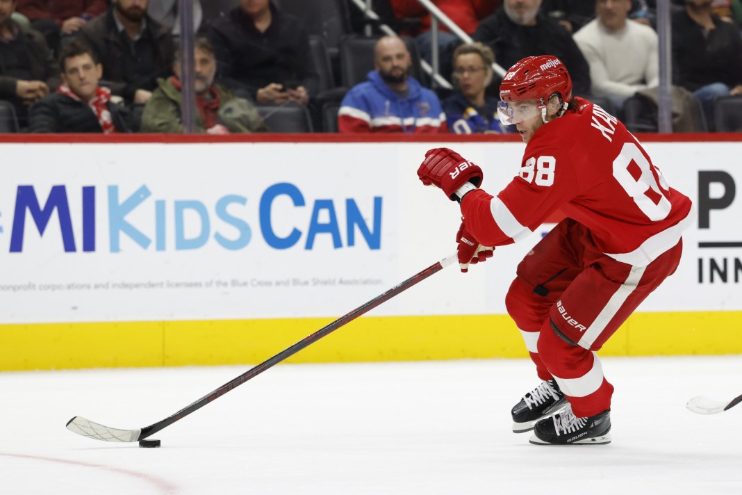 Detroit Red Wings right wing Patrick Kane (88) skates with the puck during the second period against the St. Louis Blues at Little Caesars Arena on December 23, 2024.