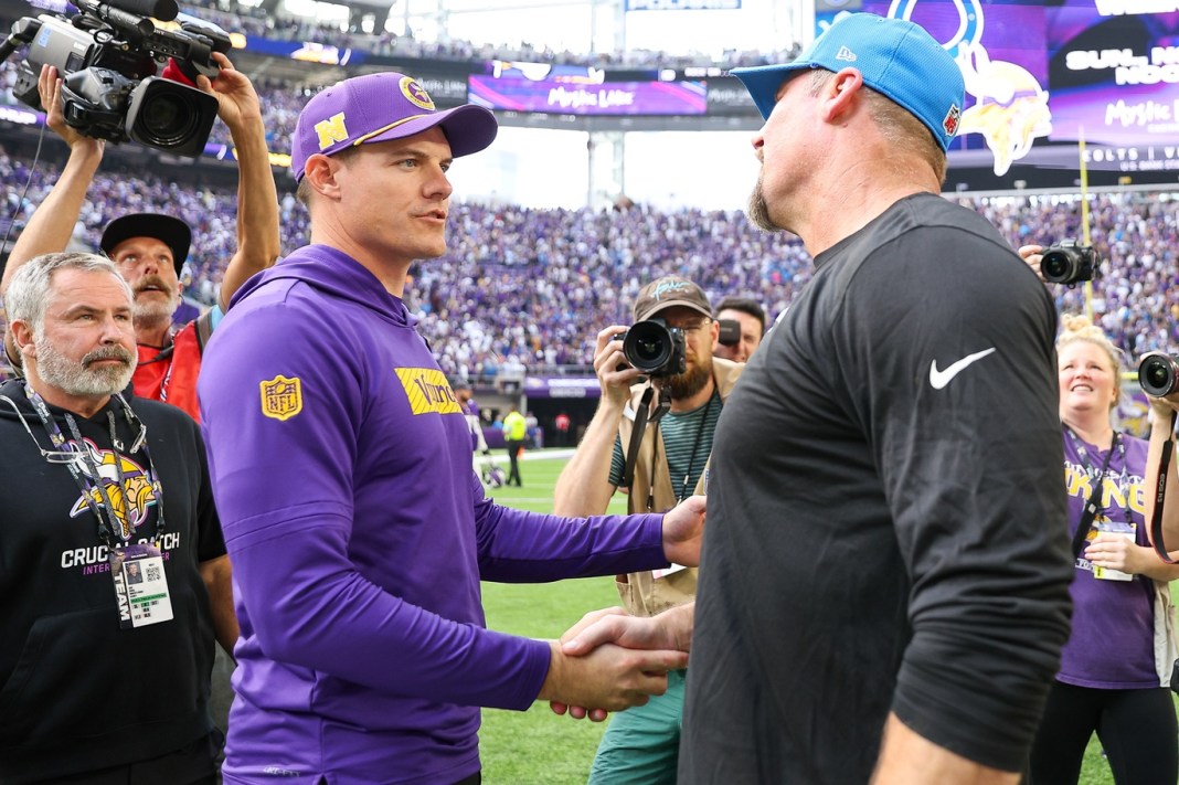 NFL: Detroit Lions at Minnesota Vikings Vikings head coach Kevin O'Connell and Lions head coach Dan Campbell shake hands during the 2024 NFL season.