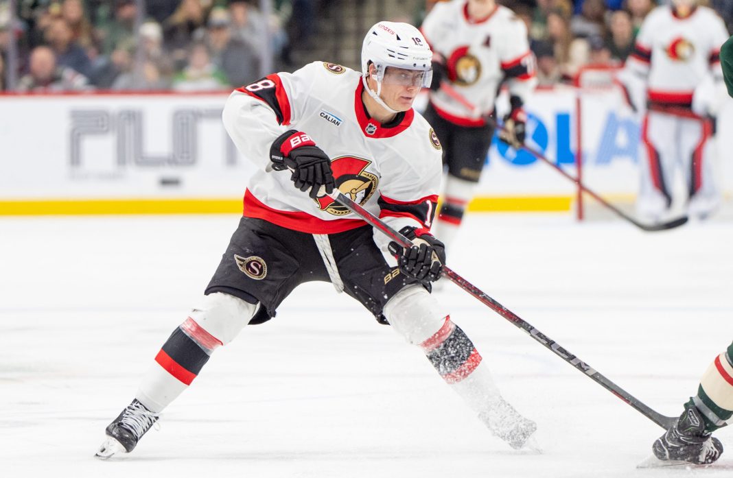 NHL: Ottawa Senators at Minnesota Wild Ottawa Senators center Tim Stutzle (18) carries the puck over the blue line during the third period against the Minnesota Wild at Xcel Energy Center on December 29, 2024.