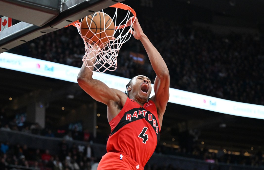 NBA: Brooklyn Nets at Toronto Raptors Raptors big man Scottie Barnes throws down a dunk during the 2024-25 NBA season.