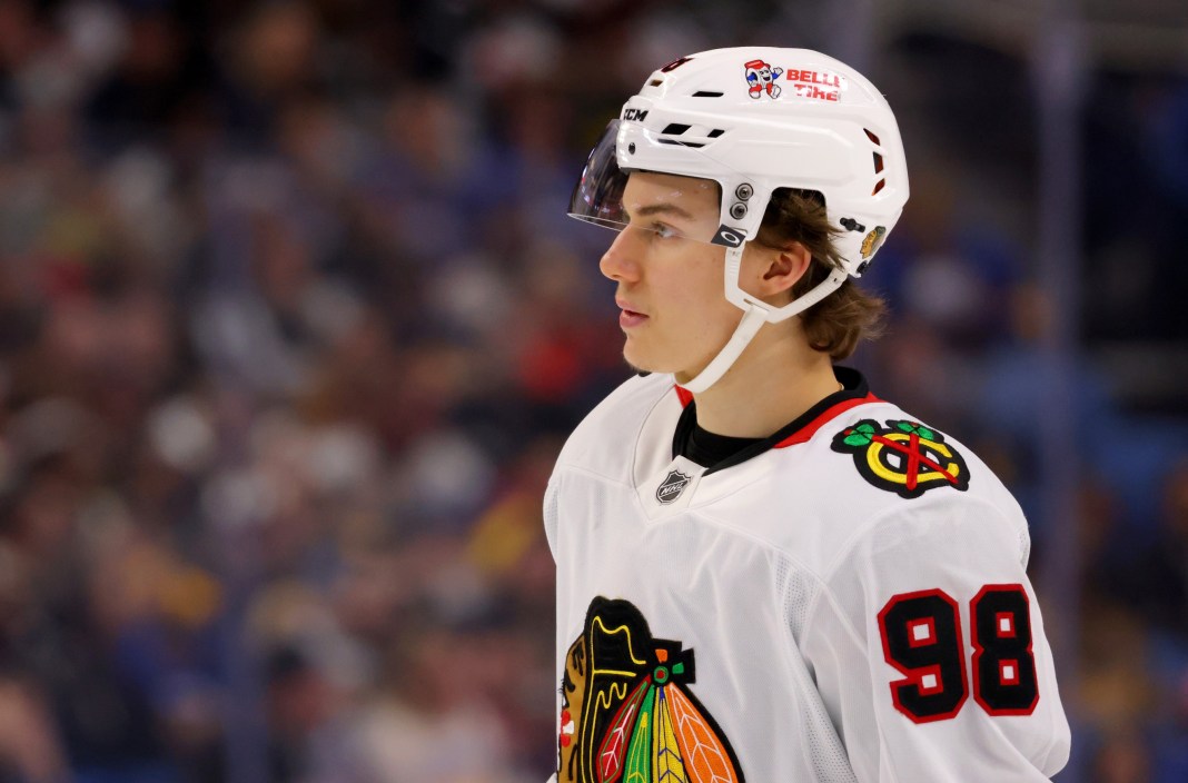 NHL: Chicago Blackhawks at Buffalo Sabres Chicago Blackhawks center Connor Bedard (98) during a stoppage in play against the Buffalo Sabres at KeyBank Center on December 27, 2024.