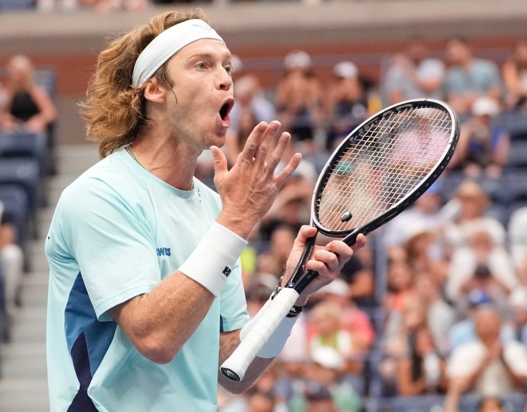 Tennis: US Open Andrey Rublev reacts to a point at the 2024 US Open.