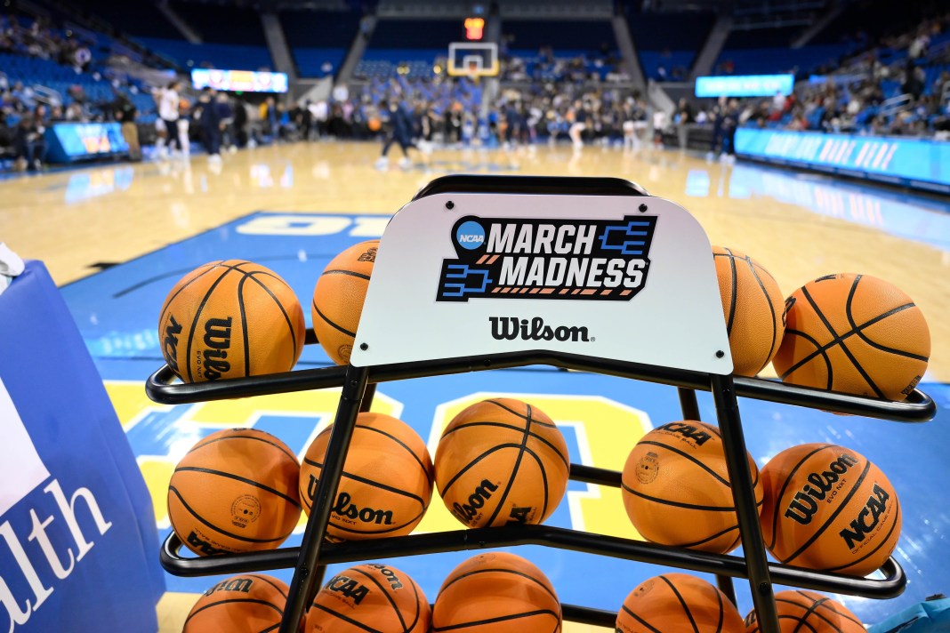 NCAA Womens Basketball: Ohio St. at UCLA A rack of basketballs with the March Madness logo before the start of the UCLA Bruins vs. Ohio State Buckeyes game at Pauley Pavilion presented by Wescom on February 5, 2025.