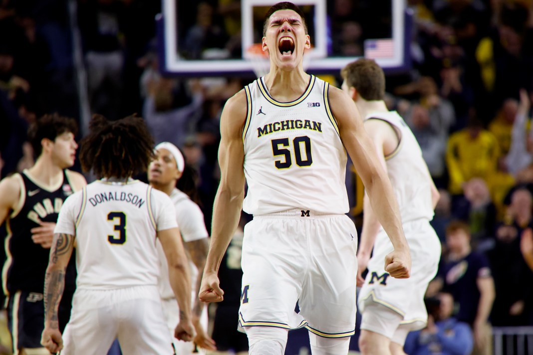 NCAA Basketball: Purdue at Michigan Michigan Wolverines center Vladislav Goldin (50) celebrates during the second half against the Purdue Boilermakers at Crisler Center on February 11, 2025.