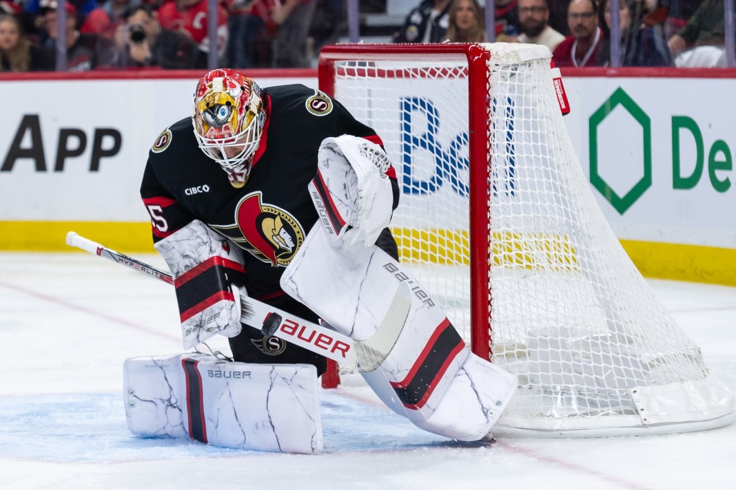 Ottawa Senators goalie Linus Ullmark (35) makes a save in the second period against the Montreal Canadiens at the Canadian Tire Centre on February 22, 2025.