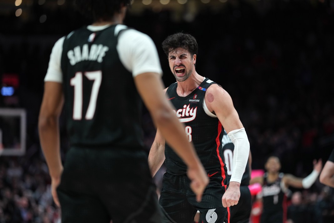 NBA: New York Knicks at Portland Trail Blazers Blazers forward Deni Avdija celebrates a big play against the Knicks during the 2024-25 NBA season.