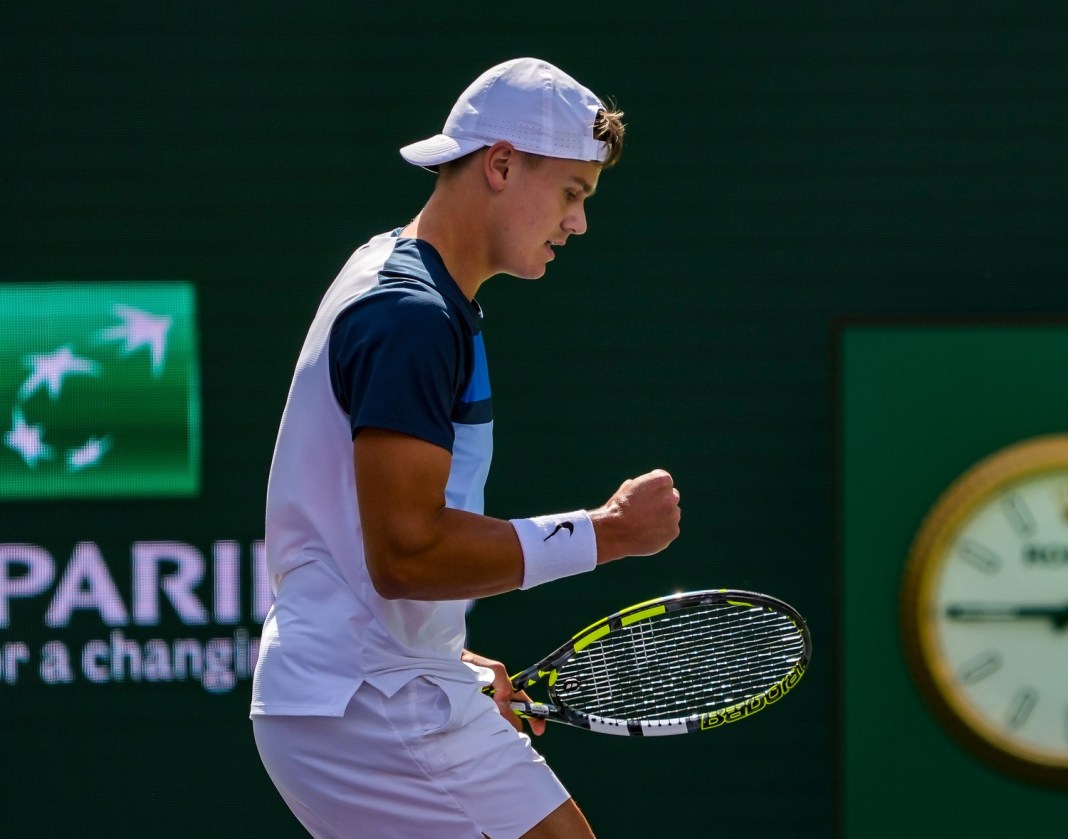 Syndication: Desert Sun Holger Rune celebrates a big point against Daniil Medvedev in the 2025 BNP Paribas Open semifinals in Indian Wells.