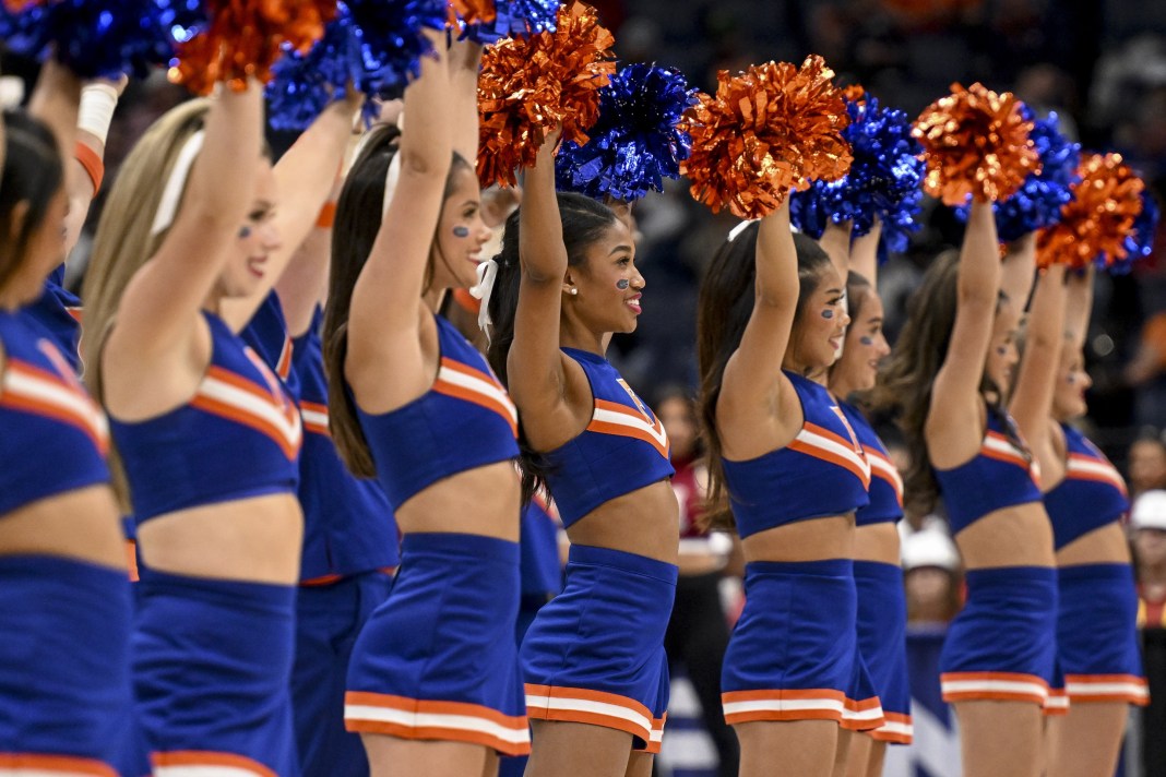 Florida Gators cheerleaders perform during the second half against the Alabama Crimson Tide at Bridgestone Arena on March 15, 2025.