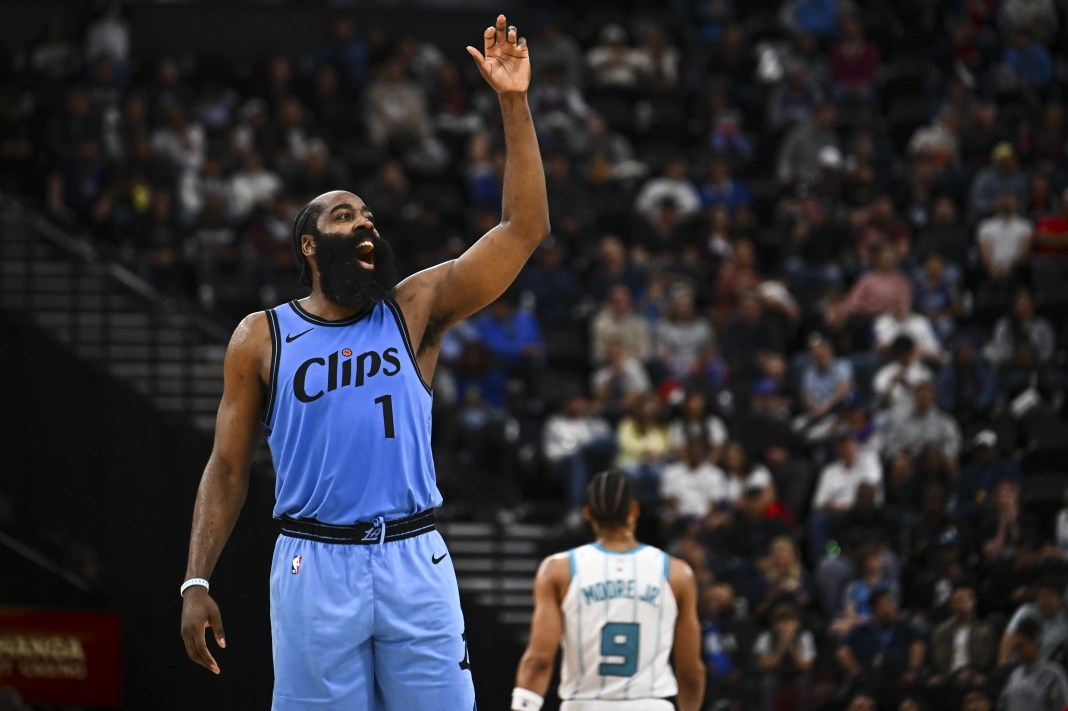 Clippers star James Harden reacts to a play against the Hornets during the 2024-25 NBA season.