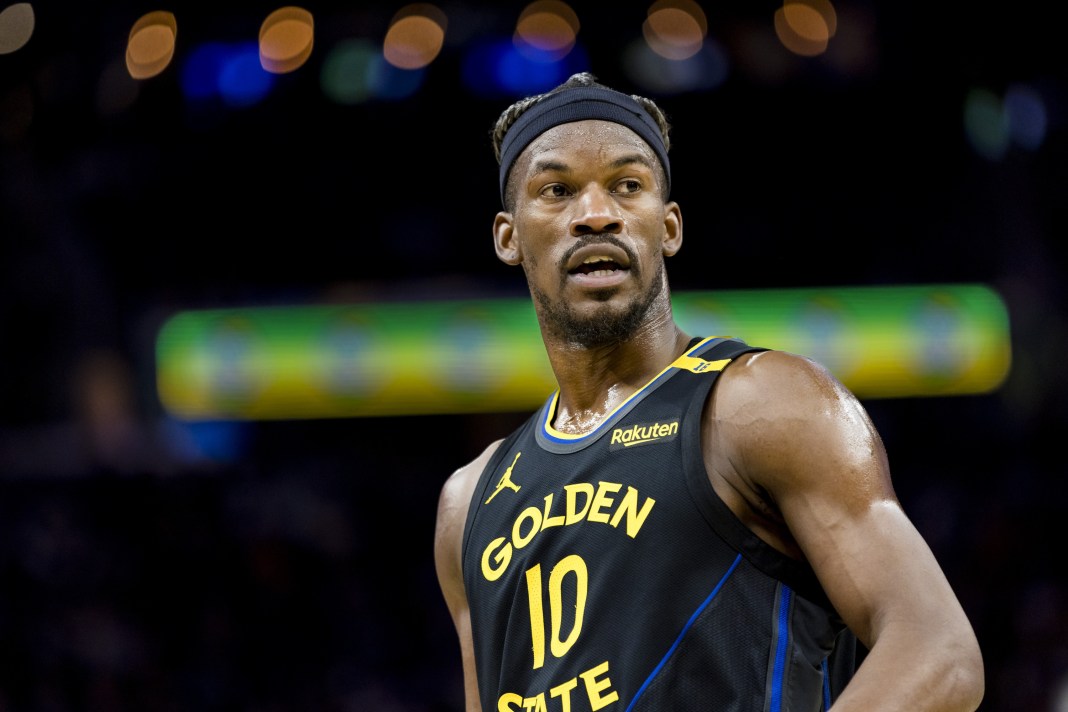 Warriors forward Jimmy Butler walks around against the Raptors during the 2024-25 NBA season.