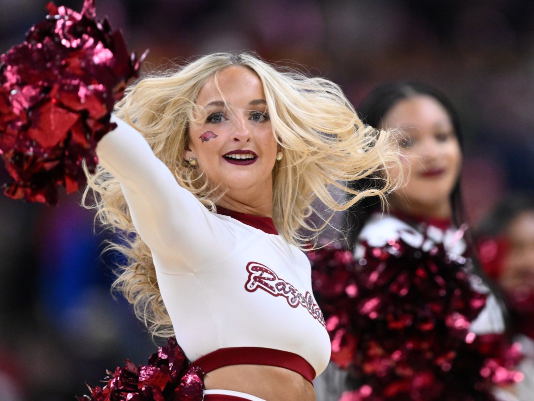 Arkansas Razorbacks cheerleaders perform during the second-round men’s NCAA Tournament game against the St. John's Red Storm at Amica Mutual Pavilion in Providence, RI, on March 22, 2025.