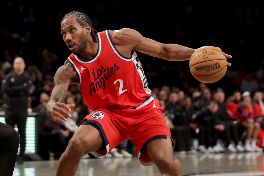 NBA: Los Angeles Clippers at Brooklyn Nets Clippers star Kawhi Leonard drives against the Nets during the 2024-25 NBA season.