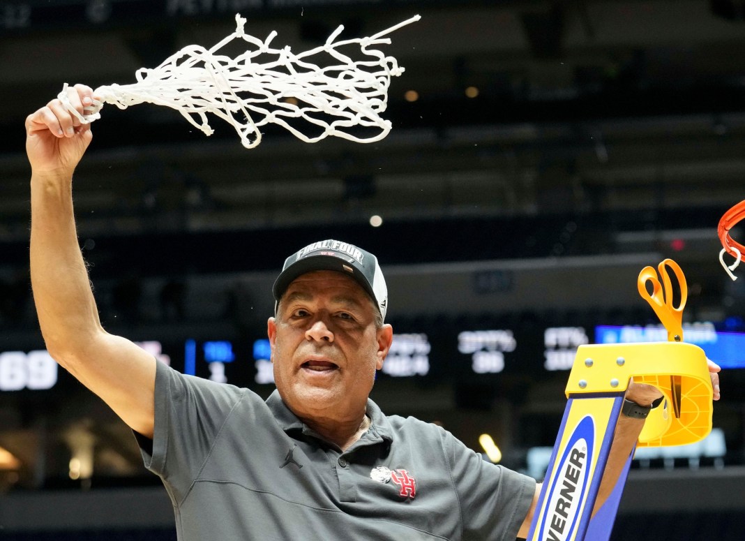 Houston Cougars head coach Kelvin Sampson celebrates after his team defeats the Tennessee Volunteers 69-50 in the Elite Eight round of the NCAA March Madness tournament at Lucas Oil Stadium in Indianapolis on March 30, 2025.