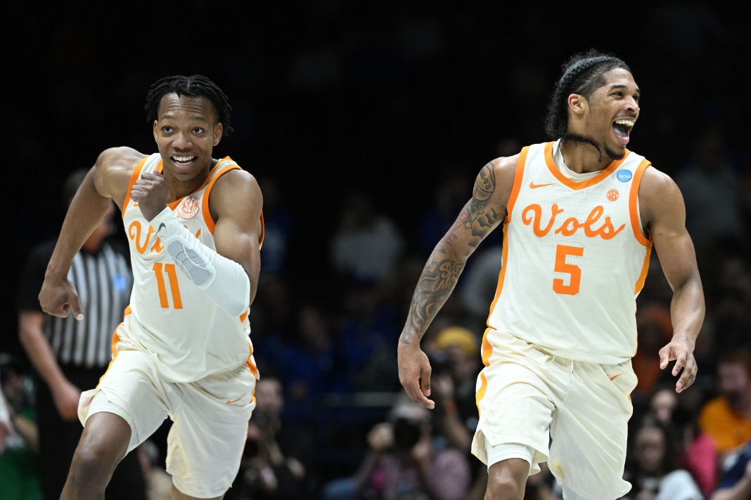 Tennessee Volunteers guards Zakai Zeigler (5) and Jordan Gainey (11) react during the second half of the Midwest Regional semifinal in the 2025 NCAA tournament at Lucas Oil Stadium in Indianapolis, IN, on March 28, 2025.