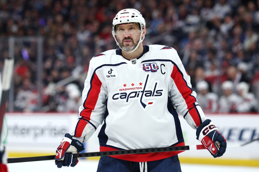 Washington Capitals left wing Alex Ovechkin (8) looks on before a faceoff against the Winnipeg Jets in the second period at Canada Life Centre in Winnipeg, Manitoba, on March 25, 2025.