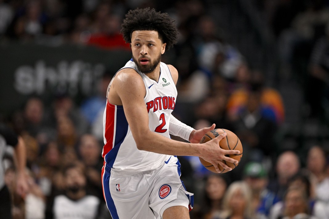 NBA: Detroit Pistons at Dallas Mavericks Detroit Pistons guard Cade Cunningham (2) brings the ball up the court against the Dallas Mavericks during the second half at the American Airlines Center in Dallas, Texas, on March 21, 2025.
